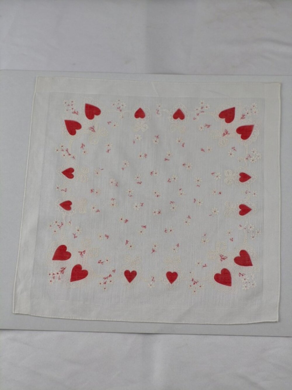 Vintage Valentine Embroidered Handkerchief Hankie White W/Red Hearts Romantic